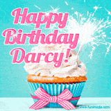A festive cupcake with pink icing, a gingham bow, and a lit animated sparkler, paired with 'Happy Birthday Darcy!' in bright pink text.