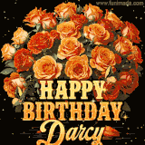 Animated bouquet of orange roses with moving butterfles and golden 'Happy Birthday Darcy' text, surrounded by sparkling accents and a dark backdrop for a luxurious feel.