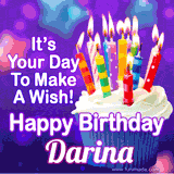A colorful birthday GIF for Darina featuring a cupcake with vibrant lit candles and the text 'It's Your Day to Make a Wish! Happy Birthday Darina' in bold letters on a festive purple background.