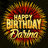 Golden 'Happy Birthday Darina' text accompanied by animated rainbow fireworks for a festive animated greeting.