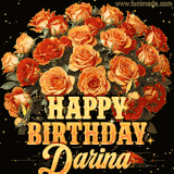 Animated bouquet of orange roses with moving butterfles and golden 'Happy Birthday Darina' text, surrounded by sparkling accents and a dark backdrop for a luxurious feel.