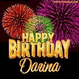 A golden 'Happy Birthday Darina' message with vibrant fireworks in the background, creating a festive and celebratory vibe in this animated name GIF.