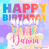 A vibrant animated name GIF with the words 'Happy Birthday Darina' with colorful candles on a creamy cake. The background sparkles with pastel shades, adding a festive touch.