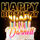 A vibrant animated GIF featuring a delicious birthday cake topped with glowing candles and the name 'Darnell' in elegant script, and the words 'Happy Birthday' on the black background.