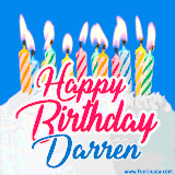 A cheerful animated GIF featuring colorful lit birthday candles on a white cake, with the text 'Happy Birthday Darren' in bold red and blue script on a bright blue background.