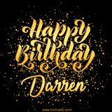 Animated GIF with colorful, festive 'Happy Birthday Darren' text decorated with patterns, a party hat, and falling confetti. A vibrant and cheerful design for birthday celebrations.