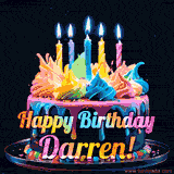 A vibrant animated GIF featuring a colorful rotating birthday cake with bright frosting swirls, glowing candles, and the text 'Happy Birthday Darren!' in rainbow colors.