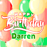 Animated GIF featuring colorful balloons in the background with the cheerful text 'Happy Birthday Darren'.