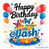 A white birthday cake with yellow topping and the name Dash written in elegant blue script, surrounded by butterflies and balloons.