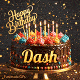 A chocolate frosted birthday cake with the name Dash in yellow script, set against a dark background with golden star sparkles.
