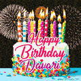 Amazing Animated GIF Image for Davari with Birthday Cake and Fireworks