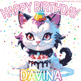 Cute cosmic cat with a birthday cake for Davina surrounded by a shimmering array of rainbow stars