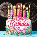 Amazing Animated GIF Image for Davis with Birthday Cake and Fireworks