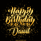 Animated GIF with colorful, festive 'Happy Birthday Dawit' text decorated with patterns, a party hat, and falling confetti. A vibrant and cheerful design for birthday celebrations.