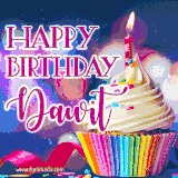 A festive animated GIF featuring a colorful cupcake with a single lit candle, sprinkles, and 'Happy Birthday Dawit' text against a sparkling, celebratory background.