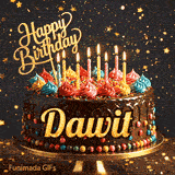 An animated birthday card featuring a detailed chocolate cake under falling gold dust, personalized for Dawit.