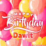 A vibrant birthday GIF featuring colorful balloons in shades of pink, yellow, and orange, with bold white and red text saying 'Happy Birthday Dawit.'