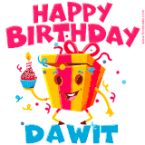 A funny animated birthday GIF with the words 'Happy Birthday Dawita', colorful gift box with arms and legs, holding a cupcake with a lit candle  with confetti everywhere.