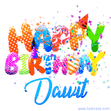 Animated GIF with colorful, festive 'Happy Birthday Dawit' text decorated with patterns, a party hat, and falling confetti. A vibrant and cheerful design for birthday celebrations.
