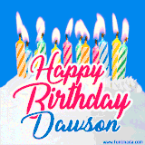 A cheerful animated GIF featuring colorful lit birthday candles on a white cake, with the text 'Happy Birthday Dawson' in bold red and blue script on a bright blue background.