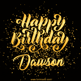 Animated GIF with colorful, festive 'Happy Birthday Dawson' text decorated with patterns, a party hat, and falling confetti. A vibrant and cheerful design for birthday celebrations.