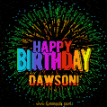 A colorful animated GIF featuring the text 'Happy Birthday Dawson!' in rainbow colors with a dynamic iridescent firework display in the background.