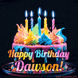 A vibrant animated GIF featuring a colorful rotating birthday cake with bright frosting swirls, glowing candles, and the text 'Happy Birthday Dawson!' in rainbow colors.