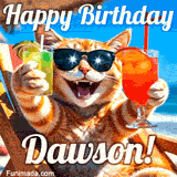 A cheerful cat wearing sunglasses, enjoying drinks on a sunny beach chair, with the text 'Happy Birthday Dawson!' in bright letters.