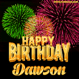 A captivating GIF with bursts of green, pink, and orange fireworks lighting up the night sky, accompanied by 'Happy Birthday Dawson' in glowing golden text.