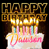 A vibrant animated GIF featuring a delicious birthday cake topped with glowing candles and the name 'Dawson' in elegant script, and the words 'Happy Birthday' on the black background.
