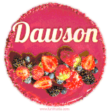 Beautifully decorated red velvet berry birthday cake with vibrant fruits and a glowing 'Dawson' name, adding a touch of sweetness and sparkle.