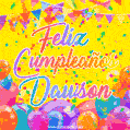 A bright and festive GIF with the text 'Feliz Cumpleaños Dawson' in Spanish in colorful fonts, surrounded by confetti, balloons, and festive banners on a vibrant yellow background.