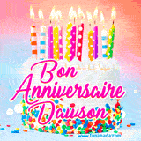 A white birthday cake covered in colorful sprinkles, topped with bright candles, and French text 'Bon Anniversaire Dawson' on a pastel gradient background in an animated GIF.