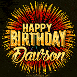 Golden 'Happy Birthday Dawson' text accompanied by animated rainbow fireworks for a festive animated greeting.