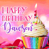 A vibrant birthday GIF featuring a rainbow-colored cupcake topped with white frosting, sprinkles, and a lit candle. The text reads 'Happy Birthday Dawson' in bold pink and violet letters with white outline.