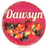 Beautifully decorated red velvet berry birthday cake with vibrant fruits and a glowing 'Dawsyn' name, adding a touch of sweetness and sparkle.