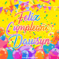A bright and festive GIF with the text 'Feliz Cumpleaños Dawsyn' in Spanish in colorful fonts, surrounded by confetti, balloons, and festive banners on a vibrant yellow background.