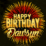 Golden 'Happy Birthday Dawsyn' text accompanied by animated rainbow fireworks for a festive animated greeting.