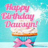 A festive cupcake with pink icing, a gingham bow, and a lit animated sparkler, paired with 'Happy Birthday Dawsyn!' in bright pink text.