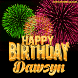 A captivating GIF with bursts of green, pink, and orange fireworks lighting up the night sky, accompanied by 'Happy Birthday Dawsyn' in glowing golden text.