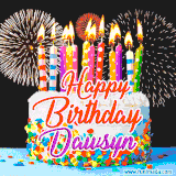 A lively happy birthday animated GIF showcasing a colorful birthday cake covered in sprinkles, topped with glowing candles, and surrounded by vibrant fireworks. The name 'Dawsyn' is featured in elegant script.
