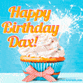 A cheerful animated GIF of a cupcake with creamy frosting, a red checkered ribbon, and a bright sparkler on top. The text 'Happy Birthday Dax!' is displayed in vibrant orange and red.