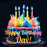 A vibrant animated GIF featuring a colorful rotating birthday cake with bright frosting swirls, glowing candles, and the text 'Happy Birthday Dax!' in rainbow colors.