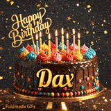 An animated birthday image featuring a rich chocolate cake with colorful cream swirls and the name Dax written on the front.