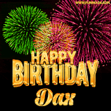 A captivating GIF with bursts of green, pink, and orange fireworks lighting up the night sky, accompanied by 'Happy Birthday Dax' in glowing golden text.