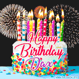 A lively happy birthday animated GIF showcasing a colorful birthday cake covered in sprinkles, topped with glowing candles, and surrounded by vibrant fireworks. The name 'Dax' is featured in elegant script.