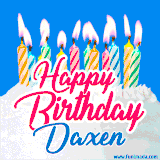 A cheerful animated GIF featuring colorful lit birthday candles on a white cake, with the text 'Happy Birthday Daxen' in bold red and blue script on a bright blue background.