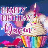 A festive animated GIF featuring a colorful cupcake with a single lit candle, sprinkles, and 'Happy Birthday Daxen' text against a sparkling, celebratory background.