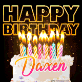 A vibrant animated GIF featuring a delicious birthday cake topped with glowing candles and the name 'Daxen' in elegant script, and the words 'Happy Birthday' on the black background.