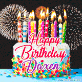 A lively happy birthday animated GIF showcasing a colorful birthday cake covered in sprinkles, topped with glowing candles, and surrounded by vibrant fireworks. The name 'Daxen' is featured in elegant script.